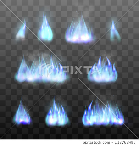 Set effects of blue fire. Realistic flame of gas. Mystic fiery effects. Collection of blazing bonfires graphic design element. Vector illustration of fire isolated on black transparent background 118768495