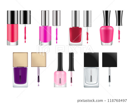 Set of realistic vector packages for nail polish. Opened transparent glass bottles with black cap and brush. Blank template of container with red and pink varnish. illustration Isolated on white 118768497