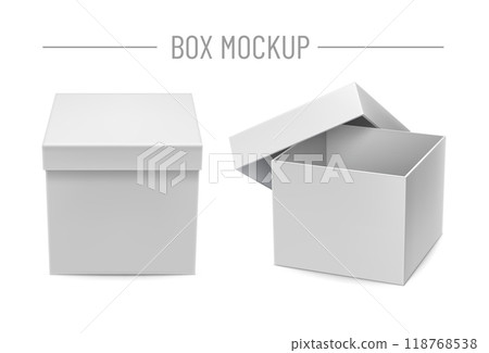 Blank cardboard boxes mockups isolated on white background vector illustration. Front view closed and opened realistic white box for retail advertising campaign. Template for create branding identity. Blank cardboard boxes mockups isolated on white background vector illustration. Front view closed and opened realistic white box for retail advertising campaign. Template for create branding identity. 118768538