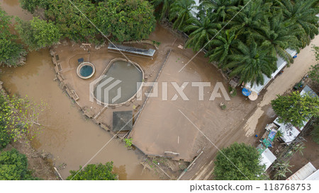 Aerial view of the hot spring in Doi Hang district in Chiang Rai province of Thailand flooded by mud and water after typhoon Yagi swept across Thailand. 118768753