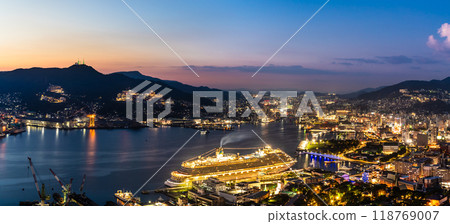Cruise ship arriving at Nagasaki Port (Adora Magic City) Night view from Mt. Nabekanmuriyama Panorama [Nagasaki City] 118769007
