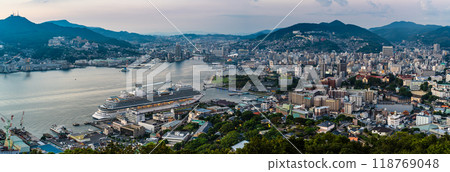 Cruise ship arriving at Nagasaki Port (Adora Magic City) Evening view from Mt. Nabekanmuriyama Panorama [Nagasaki City] 118769048