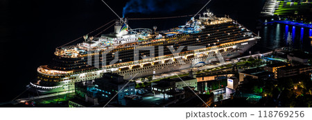 Cruise ship arriving at Nagasaki Port (Adora Magic City) Night view from Mount Nabekanmuri, telephoto panorama [Nagasaki City] 118769256