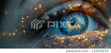 Close Up of Blue Eye with Bokeh Light Reflections, captivating attention with its beauty 118769259