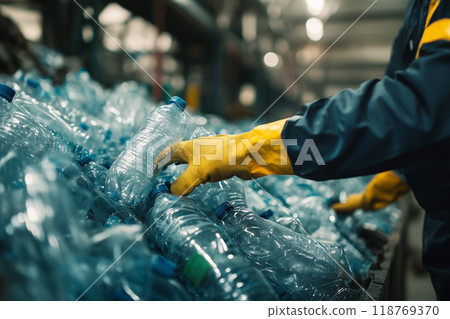 PET bottle recycling: Workers sorting 118769370