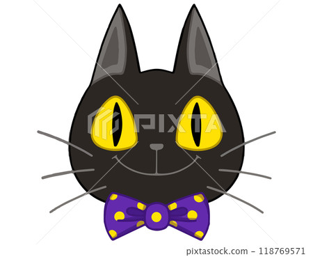 Smiling black cat icon with a polka dot bow tie Smiling black cat icon with a polka dot bow tie 118769571