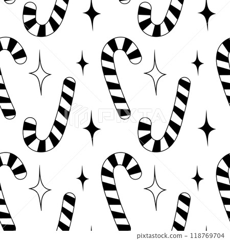 Outline striped candy Cane and decorative stars Seamless pattern. Christmas greeting Background idea 118769704