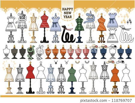 蛇年插畫新年賀卡設計素材「軀幹配件架人體模型」HAPPY NEW YEAR 118769707