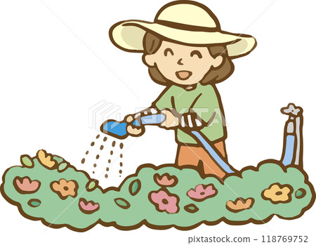 一個女人在花園裡澆花 118769752