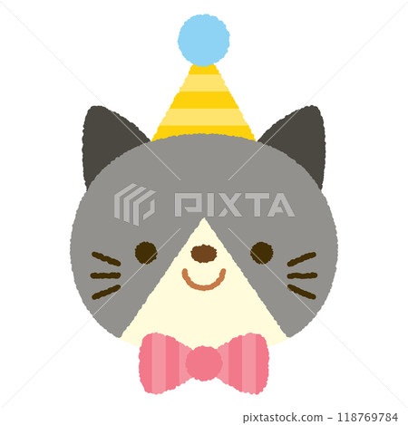 可愛的貓臉，戴著派對帽和領結 118769784