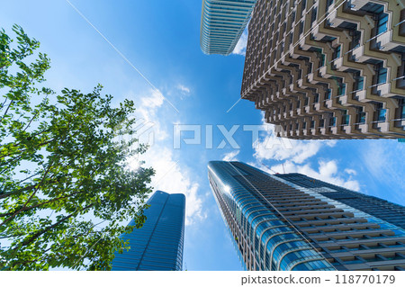 looking up view of city skyline in tokyo, japan 118770179