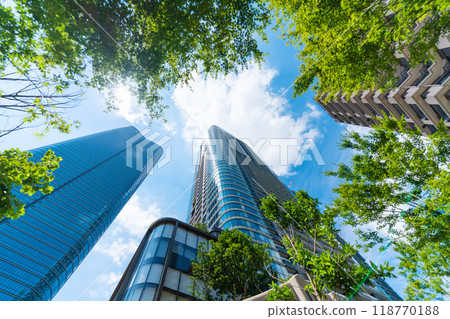 looking up view of city skyline in tokyo, japan 118770188