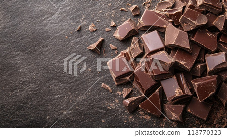 Pieces of dark chocolate bars on a textured, dark stone background. Perfect for indulgent recipes and gourmet presentations. 118770323