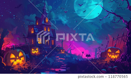 Haunted house with glowing jack-o'-lanterns and a full moon in a spooky Halloween night scene. Eerie and colorful. Haunted house with glowing jack-o'-lanterns and a full moon in a spooky Halloween night scene. Eerie and colorful. 118770565