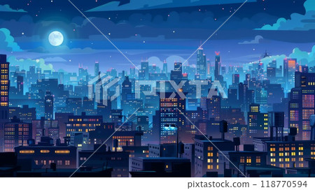 A stylized cityscape at night with colorful buildings and a star A stylized cityscape at night with colorful buildings and a star 118770594