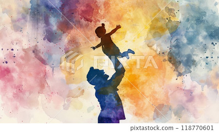 A silhouette of a parent lifting a child against a colorful abst A silhouette of a parent lifting a child against a colorful abst 118770601
