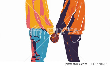 Illustration on a white background of two men holding hands, min 118770616