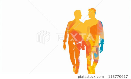 Illustration on a white background of two men holding hands, min 118770617