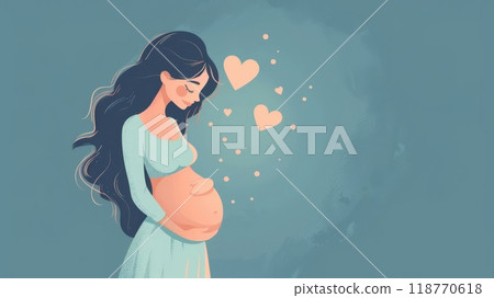 Tender image of a pregnant woman cradling her belly with hearts, 118770618