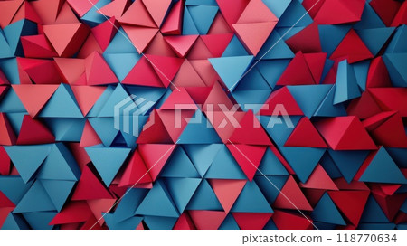 Dynamic geometric pattern with overlapping red and blue triangular shapes. The modern and vibrant design creates a bold and energetic visual impact. Dynamic geometric pattern with overlapping red and blue triangular shapes. The modern and vibrant design creates a bold and energetic visual impact. 118770634