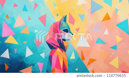 Geometric illustration of a person wearing a cat mask, surrounded by colorful triangles. The image has a modern, abstract, and vibrant aesthetic. Geometric illustration of a person wearing a cat mask, surrounded by colorful triangles. The image has a modern, abstract, and vibrant aesthetic. 118770635