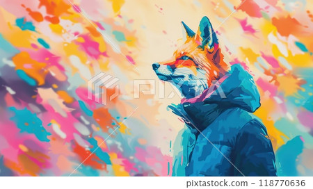 Fox character in a colorful abstract background, side profile view. Concept of introspection and vibrant life. Fox character in a colorful abstract background, side profile view. Concept of introspection and vibrant life. 118770636