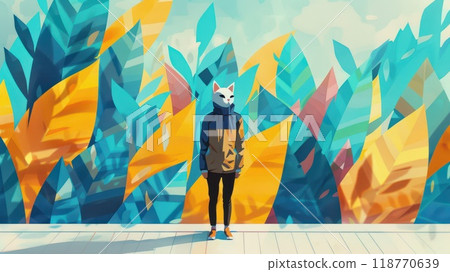 Fox character in a winter landscape with colorful plants and mountains. Concept of nature, winter, and solitude. Fox character in a winter landscape with colorful plants and mountains. Concept of nature, winter, and solitude. 118770639