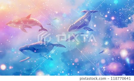 Pod of whales swimming in a colorful cosmic ocean filled with stars and nebulae. Magical and dreamlike underwater scene. Pod of whales swimming in a colorful cosmic ocean filled with stars and nebulae. Magical and dreamlike underwater scene. 118770641