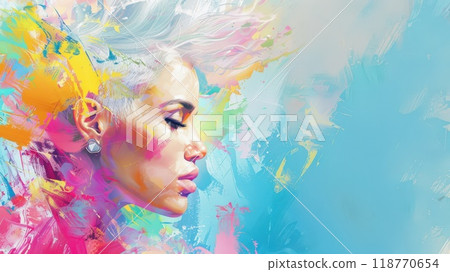 Digital illustration of a woman with abstract colorful background, creating a vibrant and artistic portrait. 118770654
