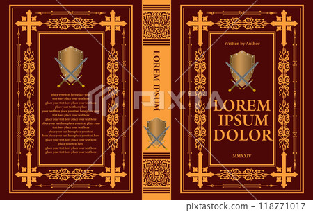 Cover book for medieval novel. Old retro ornament frames. Royal Golden style design. Vintage Border to be printed on the covers of books. 3d hand drawn Vector illustration 118771017