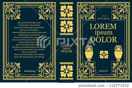 Ornate leather book cover and Old retro ornament frames. Royal Golden style design. Historical novel. Vintage Border to be printed on the covers of books. Colored Vector hand drawn illustration Ornate leather book cover and Old retro ornament frames. Royal Golden style design. Historical novel. Vintage Border to be printed on the covers of books. Colored Vector hand drawn illustration 118771032