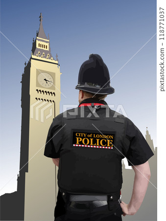 United Kingdom police man in a uniform with inscription "POLICE" written on his back. 3d vector hand drawn illustration United Kingdom police man in a uniform with inscription "POLICE" written on his back. 3d vector hand drawn illustration 118771037