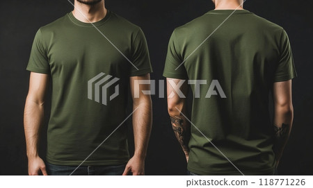 Green t-shirt mockup on a male model, front and back views. 118771226