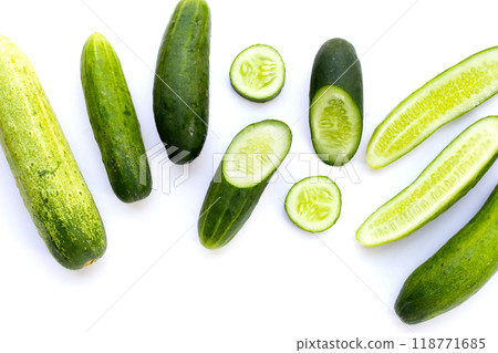 Fresh cucumbers on white background. 118771685