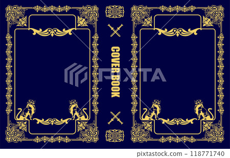 Ornate leather book cover and Old retro ornament frames. Royal Golden style design. Historical novel. Oriental style Vector illustration. Hand drawn illustration Ornate leather book cover and Old retro ornament frames. Royal Golden style design. Historical novel. Oriental style Vector illustration. Hand drawn illustration 118771740