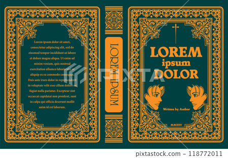 Cover book for medieval novel. Old retro ornament frames. Royal Golden style design. Vintage Border to be printed on the covers of books. 3d hand drawn Vector illustration Cover book for medieval novel. Old retro ornament frames. Royal Golden style design. Vintage Border to be printed on the covers of books. 3d hand drawn Vector illustration 118772011