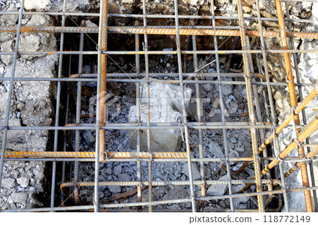 Reinforcement before pouring concrete with foundation pile, concrete floor 118772149