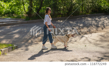 Blind woman walking with guide dog in the park.  118772249