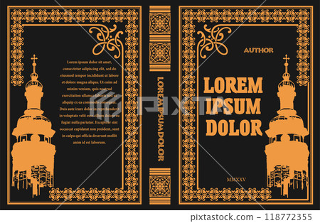 Ornate leather book cover and Old retro ornament frames. Royal Golden style design. Historical novel. Oriental style Vector illustration. Hand drawn illustration Ornate leather book cover and Old retro ornament frames. Royal Golden style design. Historical novel. Oriental style Vector illustration. Hand drawn illustration 118772355
