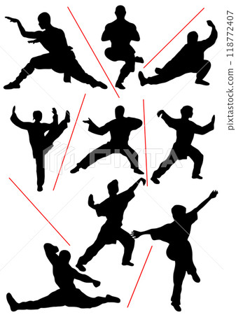 Silhouette of people isolated on white background. Wushu, kung fu, Taekwondo, Aikido. Sports positions. Design elements and icons. Hand drawn Vector illustration Silhouette of people isolated on white background. Wushu, kung fu, Taekwondo, Aikido. Sports positions. Design elements and icons. Hand drawn Vector illustration 118772407