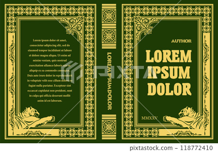 Ornate leather book cover and Old retro ornament frames. Royal Golden style design. Historical novel. Oriental style Vector illustration. Hand drawn illustration Ornate leather book cover and Old retro ornament frames. Royal Golden style design. Historical novel. Oriental style Vector illustration. Hand drawn illustration 118772410