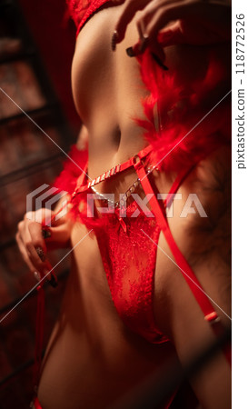 Close-up of belly of woman in erotic red lingerie lying on bed.  118772526