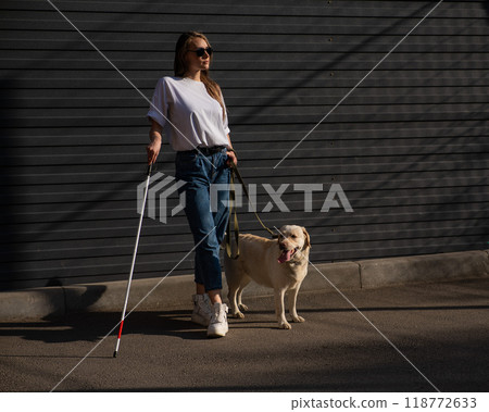 Blind woman walking guide dog outdoors. Blind woman walking guide dog outdoors. 118772633