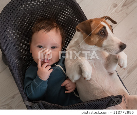 A dog and a cute three-month-old boy dressed in a blue overalls are sitting together in a baby lounger. A dog and a cute three-month-old boy dressed in a blue overalls are sitting together in a baby lounger. 118772996