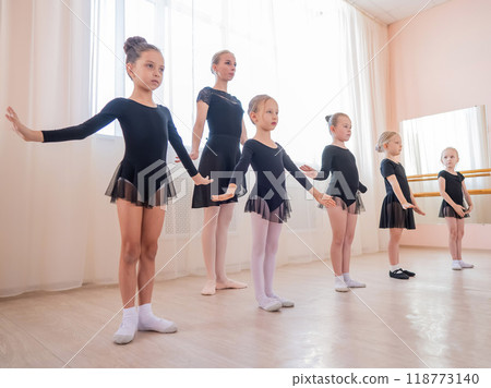 Children's ballet school. Caucasian woman teaching ballet to little girls. Children's ballet school. Caucasian woman teaching ballet to little girls. 118773140