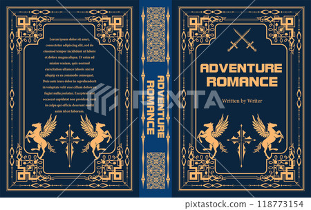 Elaborate book cover design featuring rearing pegasus horses, perfect for an adventure romance novel 118773154
