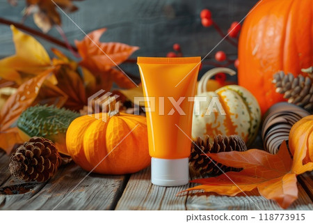 A tube of orange pumpkin cosmetics on a wooden table with a bright autumn background of pumpkins, autumn leaves and pine cones. AI-generated content. 118773915