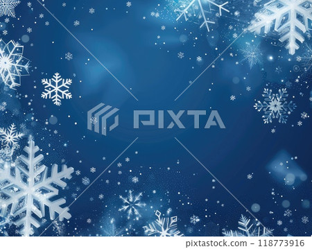Blue abstract glitter background with white snowflakes and copy space. Background for Christmas and New Year. AI-generated content. 118773916