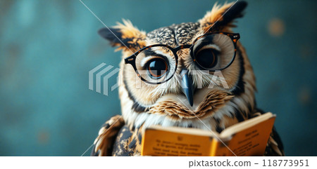 Wise owl wearing glasses reading a book Wise owl wearing glasses reading a book 118773951