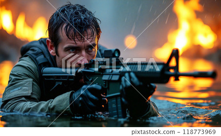 Military man is aiming with his rifle while participating in a special operation 118773969